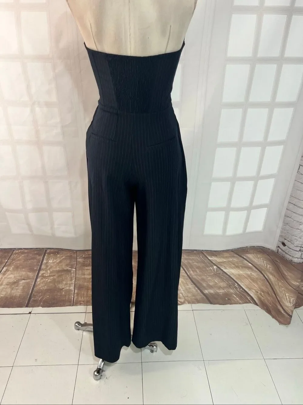 Anthropologie Dark Navy White Tailored Wide Leg Corset Pinstripe Jumpsuit Size 2